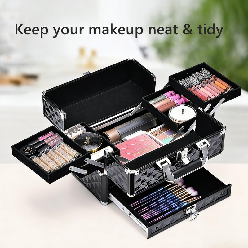 Joligrace Makeup Train Cases Professional Travel Makeup Cosmetic Cases Organizer Portable Box with Drawer Black - Image 3